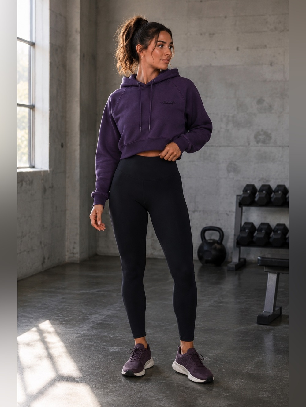 Alphalete Script Logo Cropped Pullover Hoodie Purple Plum